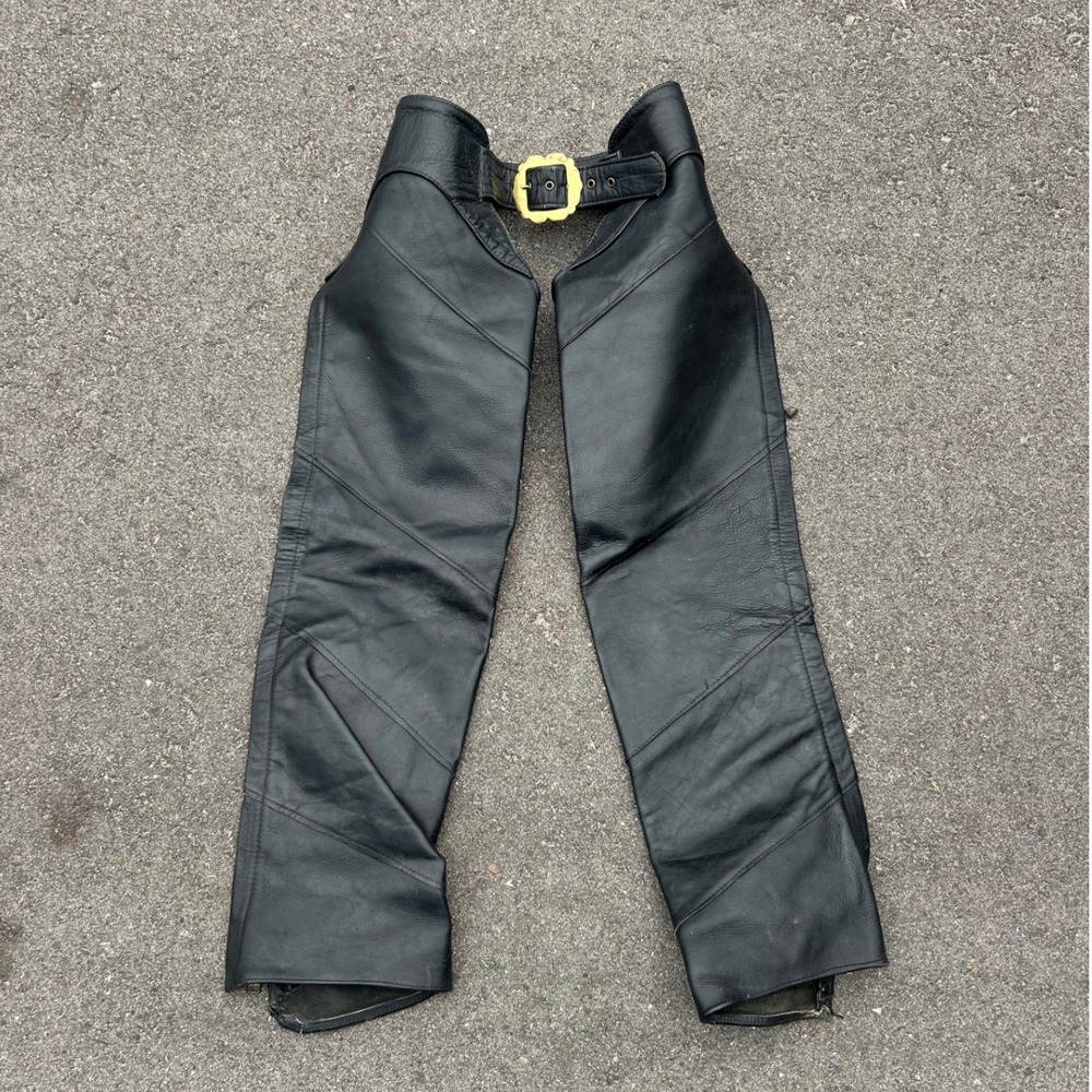 Hog Skins Black Leather Motorcycle Chaps Brass Buckle Made in USA Mens XS M